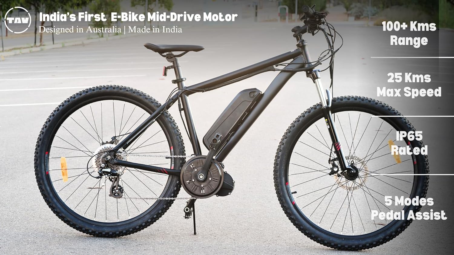 Advanced e-bike with India's first mid-drive motor, featuring a 100+ km range, 25 km/h max speed, and IP65 weather resistance, integrated battery, and five pedal assist modes, designed in Australia